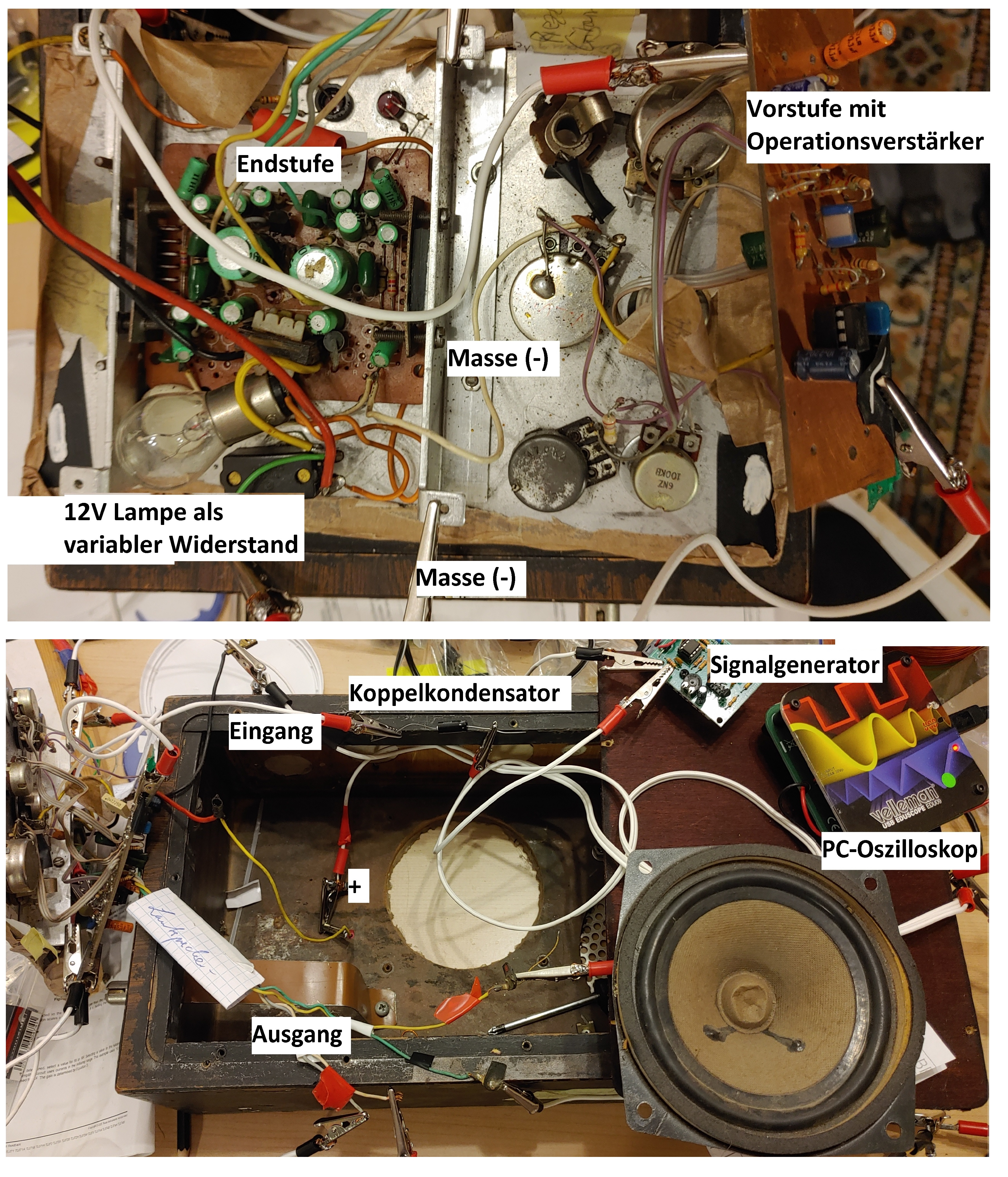 Testaufbau für den Verstärker: Im Eingang der Signalgenerator und im Ausgang das Oszilloskop angeschlossen.
					Der Metallbau dient zum Einen als Kühlkörper, zum Anderen als 
					Anschluss für die Masse.