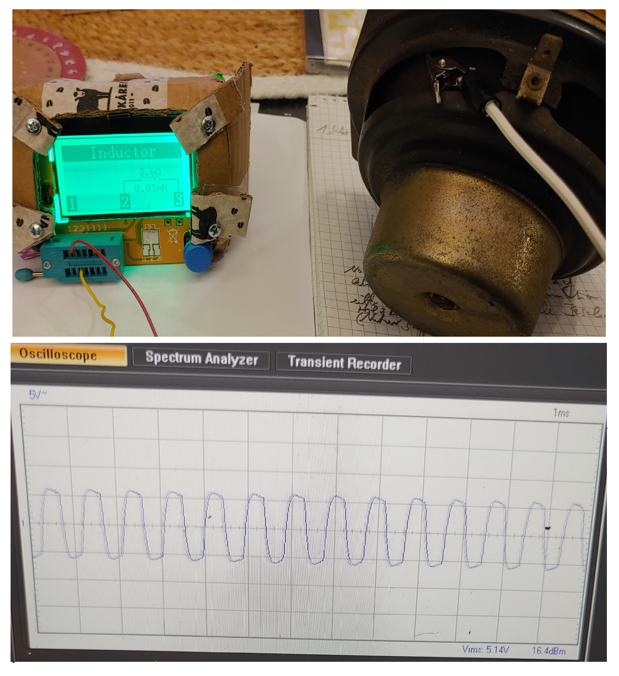 Mit dem Multikomponententester wird die Impedanz des alten noch 
					funktionstüchtigen Lautsprecher gemessen. <br>Mit Hilfe des Testaufbaus kann die Funktion der Regler getestet werden und 
					am PC-Oszilloskop die Qualität der Sinuswelle beurteilt werden.
